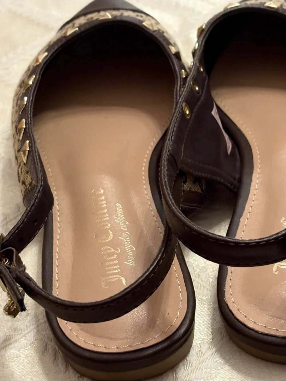 Juicy Couture Brown Logo Slingback Flats with Gold Studs